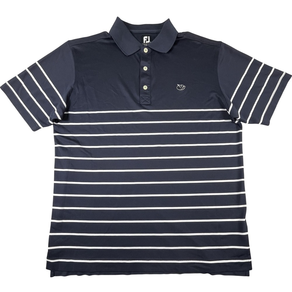 FootJoy Polo Shirt Mens L Navy Blue Striped Golf Performance Short Sleeve Logo